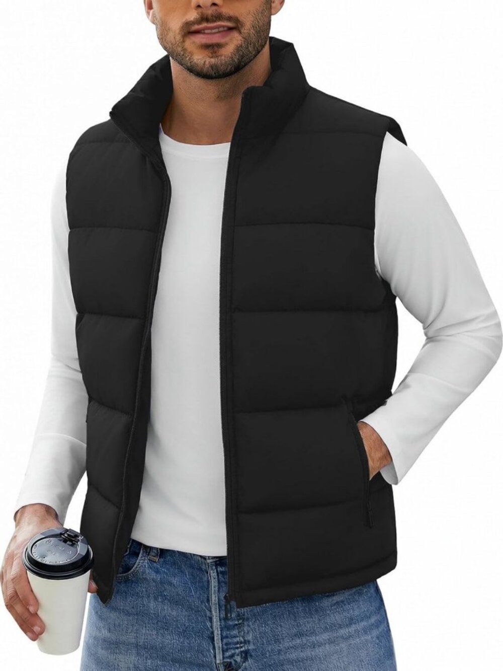 Lightweight Casual Puffer Vest for Men, Full Zip Sleeveless Jacket with 3